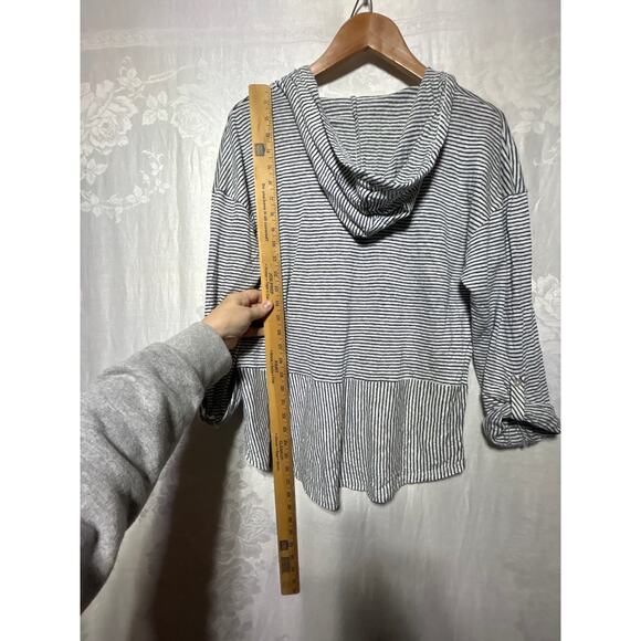 C&C California 100% Linen Shirt XL Blue White Striped Hooded Roll Tab Sleeves - Picture 10 of 10